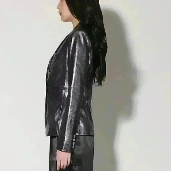 NWT WALTER BAKER Marley Double Breasted Metallic Leather Blazer SZ M in gunmetal - Picture 4 of 4